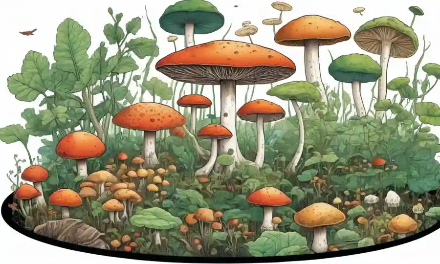 Cultivos de hongos que prosperan junto a cultivos, rodeados de diagramas circulares de equilibrio ecológico.