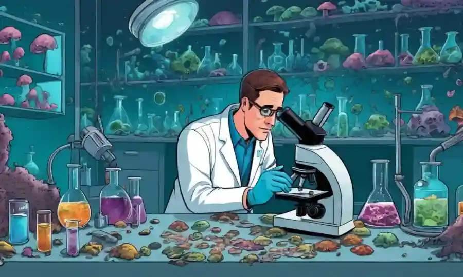 Científico examinando muestras de hongos bajo microscopio, rodeado de equipos de laboratorio.