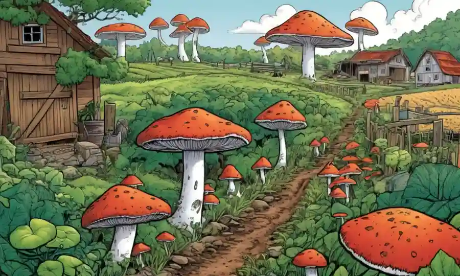 Los hongos y las plantas que crecen juntos naturalmente en un paisaje agrícola sostenible.