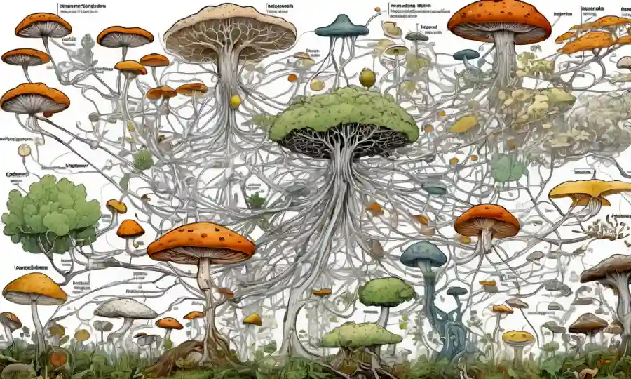 Un diagrama de red complejo que ilustra la relación entre hongos, investigación de IA y relevancia de los ecosistemas.
