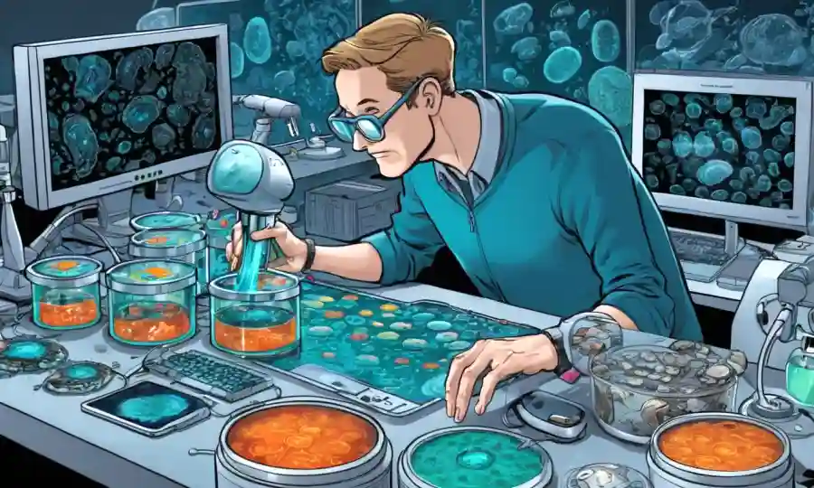 Un investigador mezclando platos petri que contienen hongos, rodeado de pantallas y microscopios de computadora propulsados por AI.