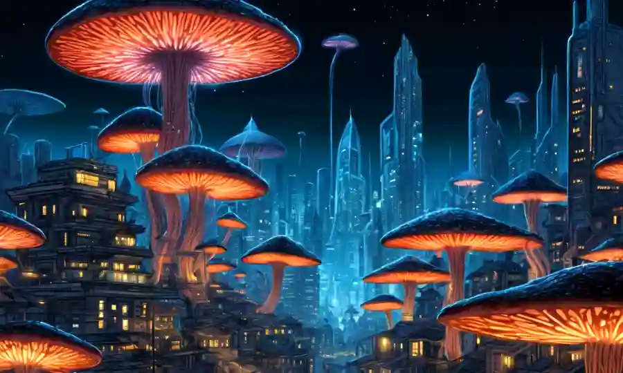 Un futurista paisaje urbano por la noche con brillantes estructuras tipo hongos integradas en la arquitectura.