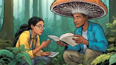 Científico e indígena estudiando hongos juntos en el medio forestal.