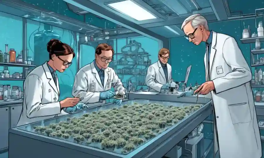 Investigadores científicos que estudian muestras de micelio en un laboratorio futurista.