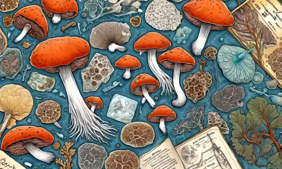 Obras de inspiración Fungi rodeadas de diapositivas de microscopio y notas científicas.