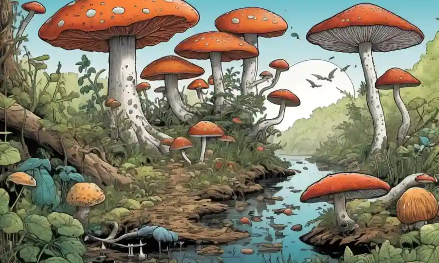 Una relación simbiótica entre hongos y organismos diversos que se muestran a través de ilustraciones de diferentes ecosistemas.