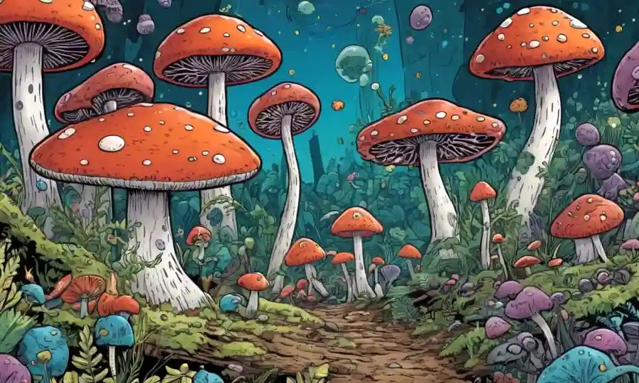 Setas microscópicas interactuando con microbios y otros organismos de varios reinos.