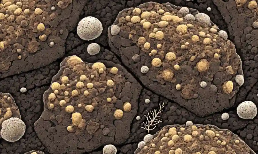Foto cercana de partículas de suelo con redes fúngicas y microbios interactuando.