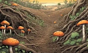 Ilustración de hongos ramificando a través de capas de suelo con organismos microscópicos interactuando cerca.