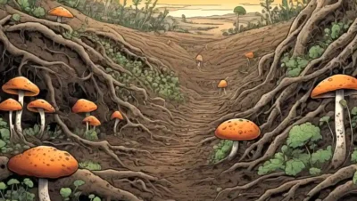 Ilustración de hongos ramificando a través de capas de suelo con organismos microscópicos interactuando cerca.
