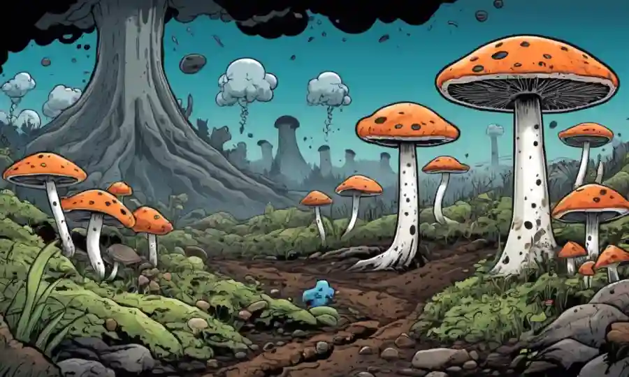 Fungi prosperando en suelo rodeado de iconos de contaminación atmosférica.