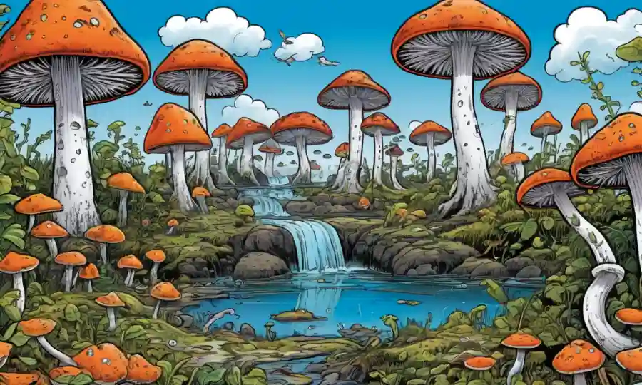 Fungi rodeado de cambios ecológicos, simbolizando la resiliencia ante el cambio climático.