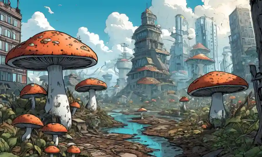 Un paisaje futurista con hongos creciendo en medio del cambio climático devastaba paisajes urbanos.