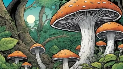 Imagen cercana de hongos entrelazados con plantas o árboles
