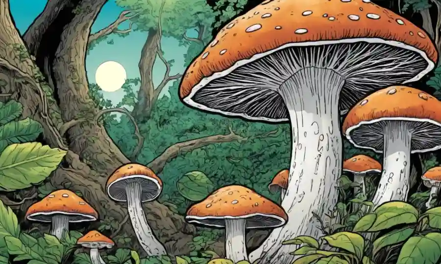 Imagen cercana de hongos entrelazados con plantas o árboles