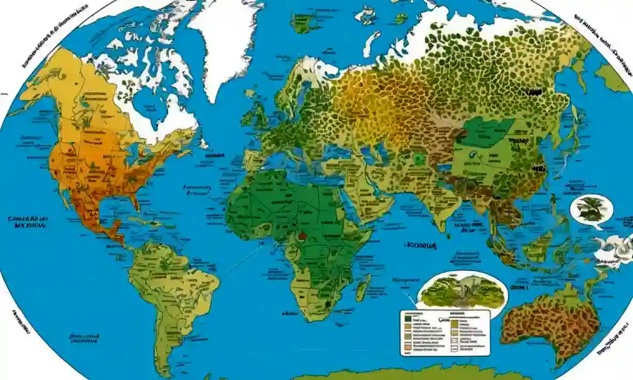 Un diagrama que muestra la conexión entre distribución geográfica e interacciones entre hongos en medio de un contexto geográfico y biológico.