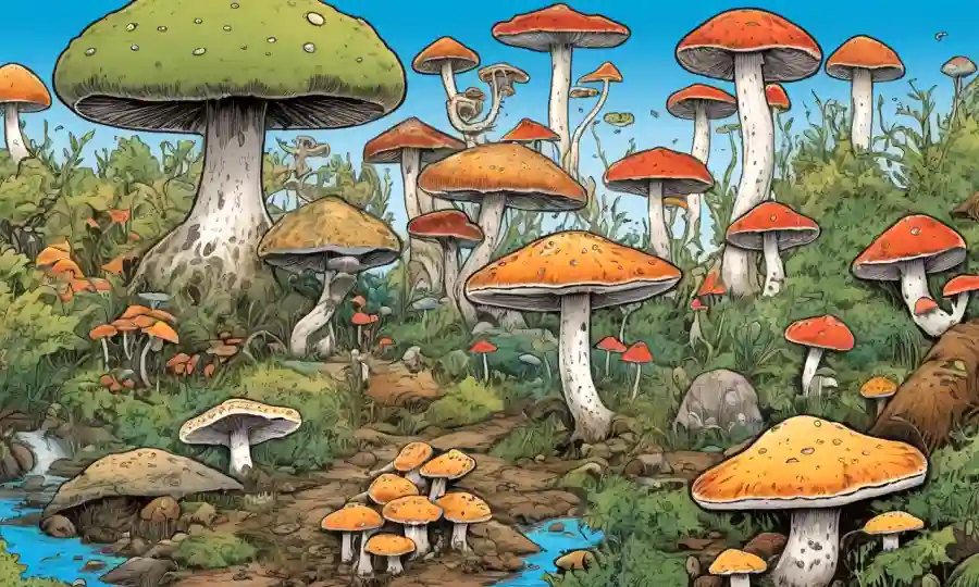 Crecimientos de hongos en ecosistemas variados con gráficos y mapas en pantalla.