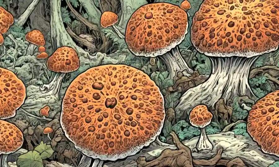 Una imagen magnificada de esporas fúngicas que infectan y manipulan un cuerpo de insectos.