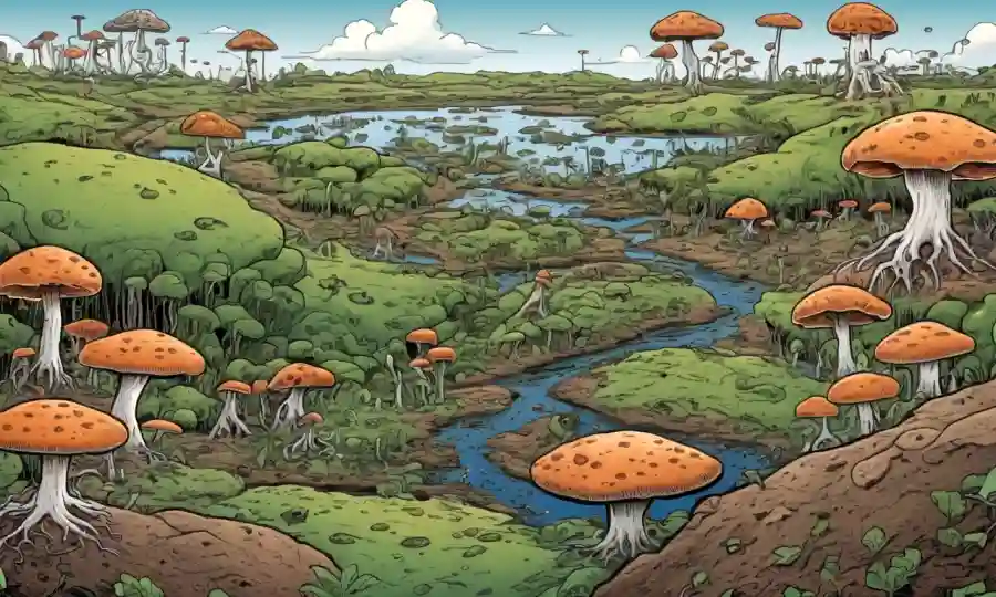 Redes fúngicas que conectan múltiples especies microbianas en ilustraciones del ecosistema del suelo.