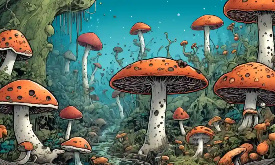 Ilustraciones de hongos y bacterias interactuando, representando el proceso de descomposición.