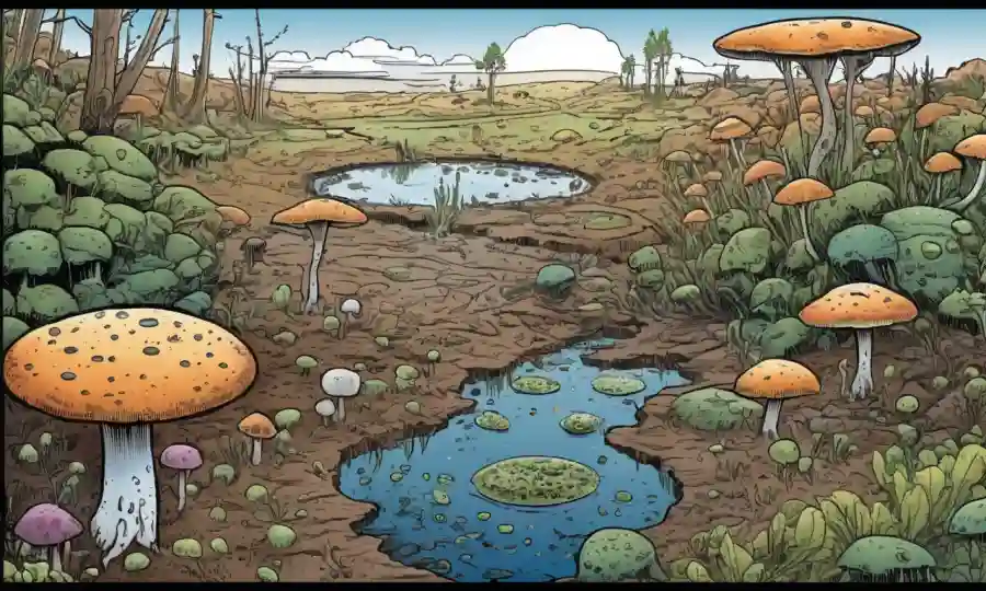 Una imagen del ecosistema del suelo que muestra interacciones fúngicas y bacterianas y descomposición de materia vegetal.