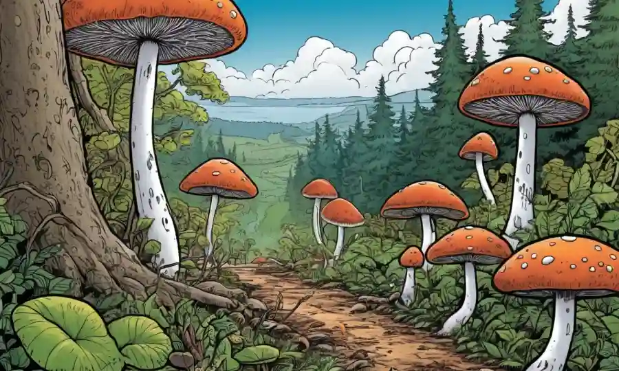 Fungi creciendo en medio de escenas naturales, destacando su papel en la mitigación del cambio climático.