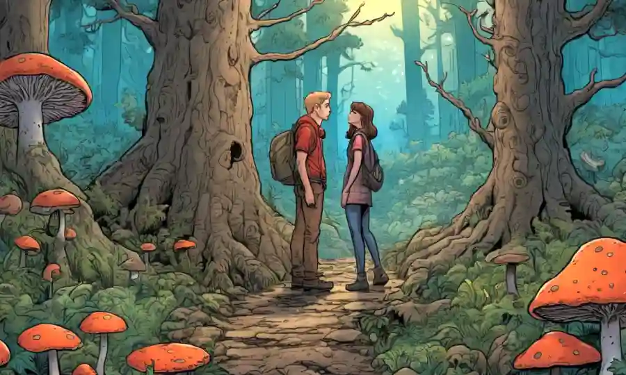 Una pareja de pie junto a árboles cubiertos por hongos en un bosque, con un fondo ilustrativo con organismos interconectados.