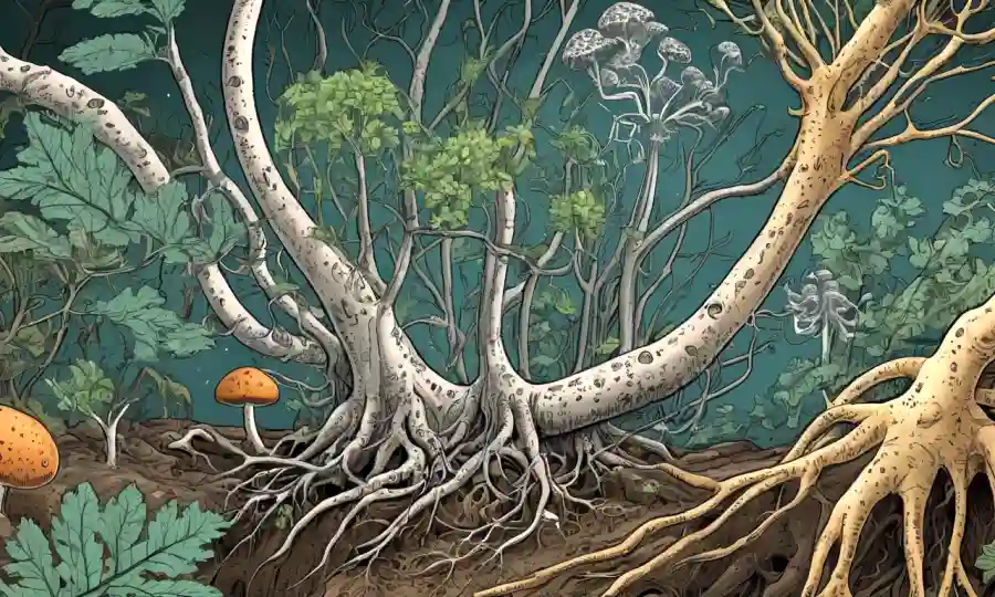 Imagen del microscopio mostrando hifae fúngica interactuando con raíces vegetales o hojas con diversos instrumentos científicos que la rodean.