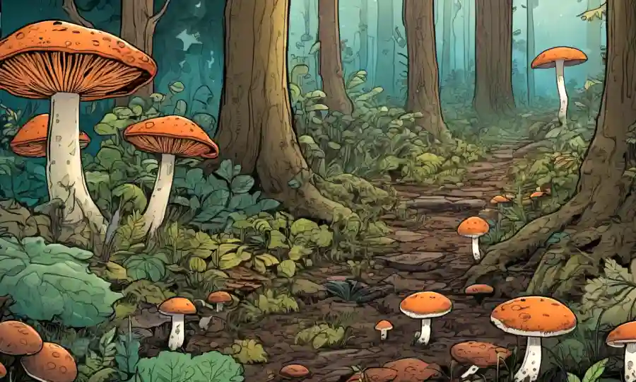 Una escena del suelo del bosque que muestra hongos conectados con plantas, con diagramas y imágenes microscopía en el fondo.