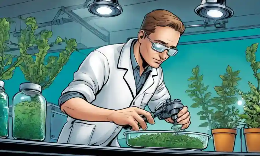 Un investigador de plantas que estudia organismos microscópicos en un plato de laboratorio.