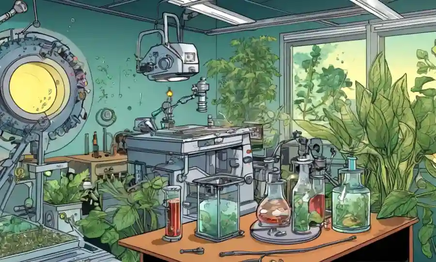 Diagramas científicos y equipo de laboratorio rodeado de imágenes microscópicas de interacciones entre plantas y patógenos.