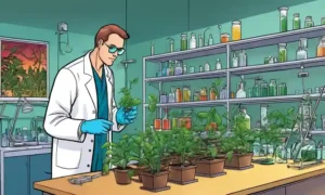 Un científico recolectando muestras de plantas y equipos de laboratorio para estudiar interacciones resistentes a las enfermedades.