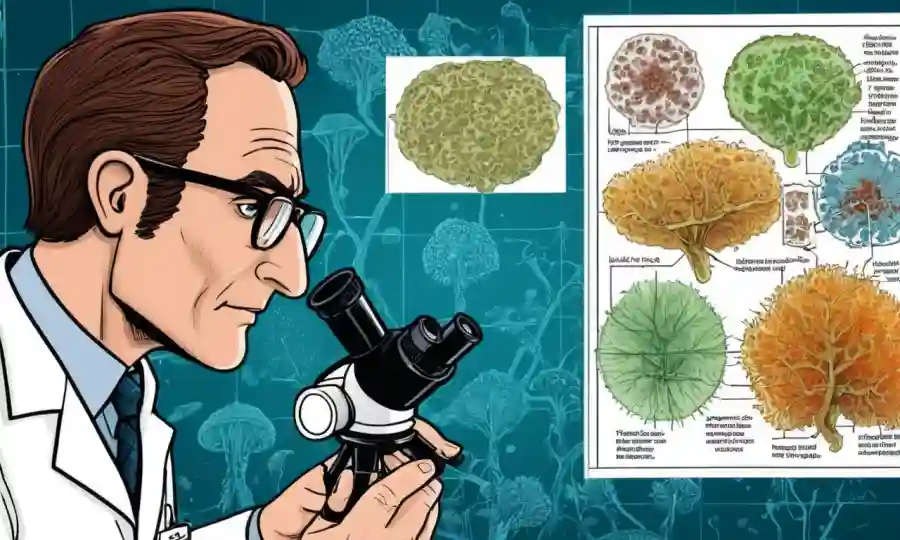 Un científico que examina especímenes fúngicos bajo un microscopio con sobres de gráfico y texto.