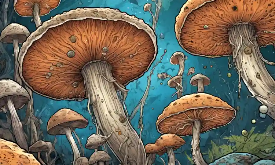 Imagen microscópica de hongos descomponiendo materia orgánica con bacterias y otros microorganismos.