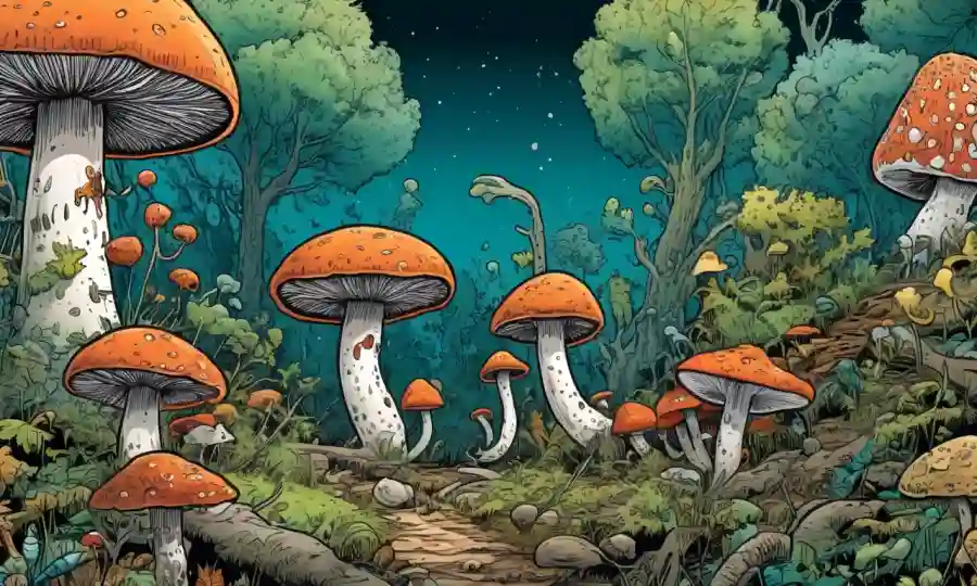 Ilustraciones de hongos interactuando con otros organismos en un ecosistema.