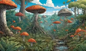 Una red fúngica que conecta varios organismos en un ecosistema.