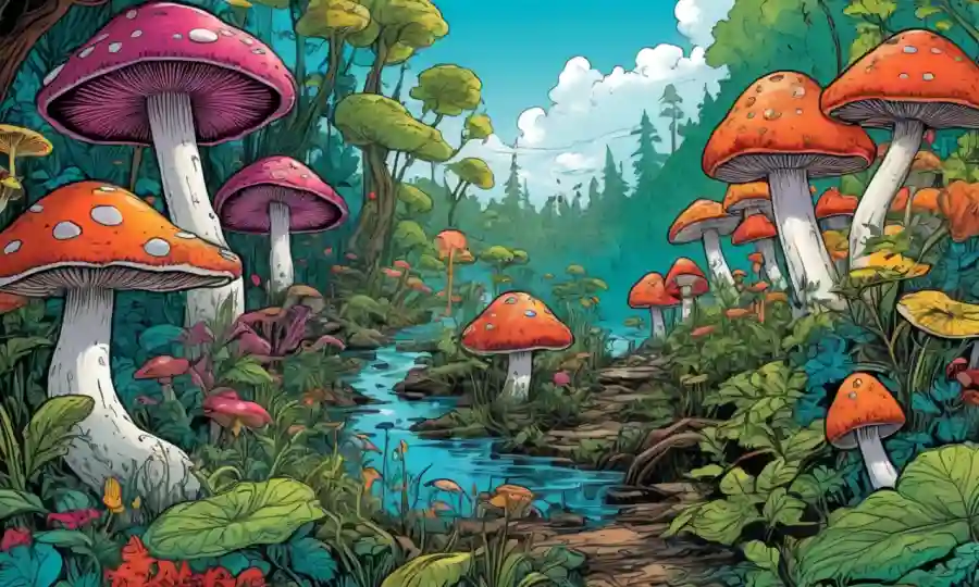 Colores vibrantes de hongos y plantas interconectadas en un ecosistema exuberante.