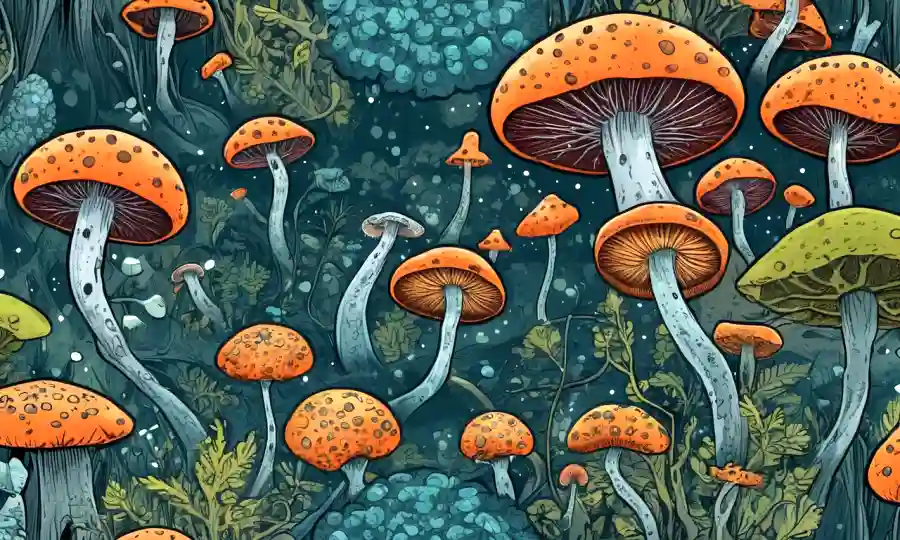 Redes microscópicas de hongos que conectan diferentes especies en un ecosistema.