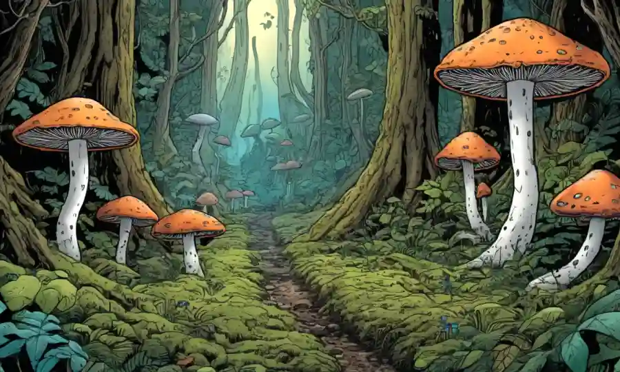 Los hongos se conectan a través de la red subterránea de micelio bajo follaje forestal.