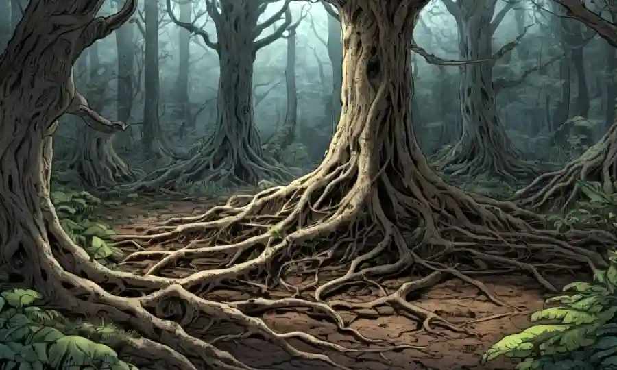 Red de micelio que conecta las raíces de los árboles en un bosque.