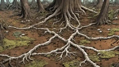 Vista aérea de micelio fúngico interconectado bajo suelo forestal