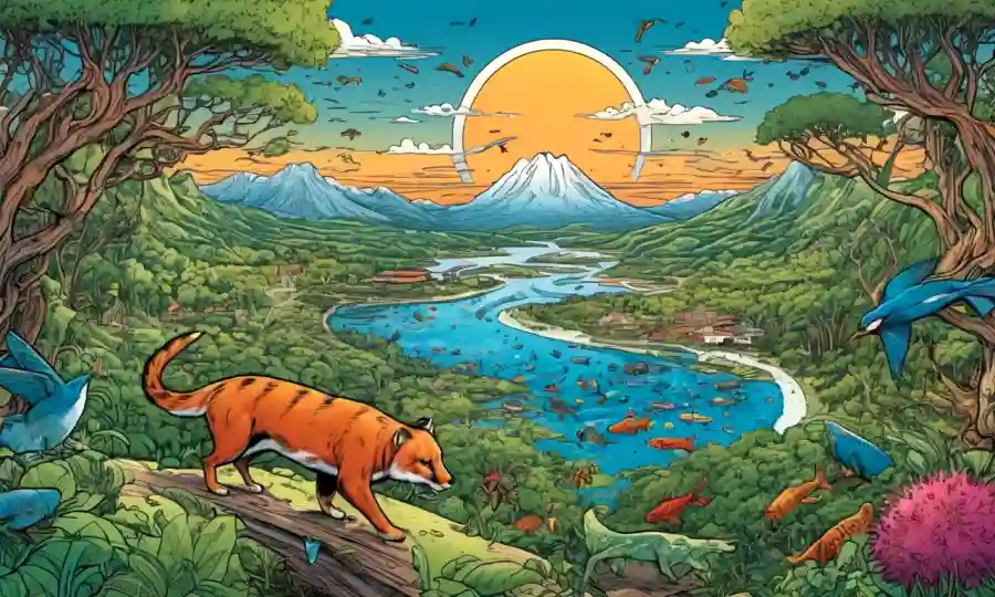 Ilustraciones de ecosistemas y especies interconectados con líneas audaces y curvas.
