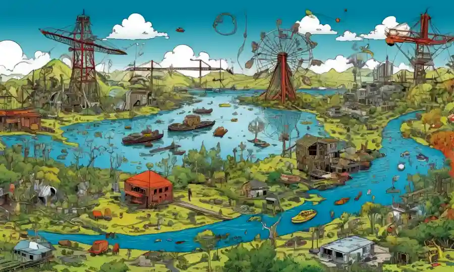 Gráficos complejos que ilustran ecosistemas interconectados y señales de advertencia para la interdependencia ambiental.