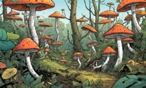 Fungi interactuando en un ecosistema con flechas que conectan diferentes componentes.