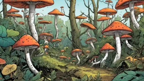 Fungi interactuando en un ecosistema con flechas que conectan diferentes componentes.