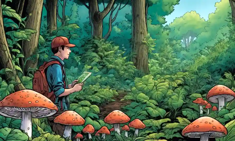 Imagen con una persona que observa hongos creciendo en medio de vegetación exuberante.