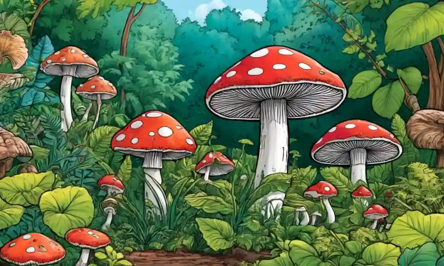 Los hongos coexisten con plantas exuberantes en un jardín ecológico.