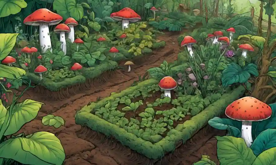Una fusión de camas de cultivo de hongos en medio de plantas de exuberancia, simbolizando la intersección sostenible entre la micoremediación y la permacultura.