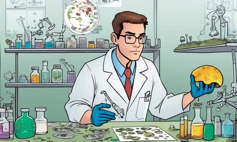 Un científico que tiene una muestra de hongos, rodeado de equipo de laboratorio y gráficos que muestran progreso de limpieza ambiental.