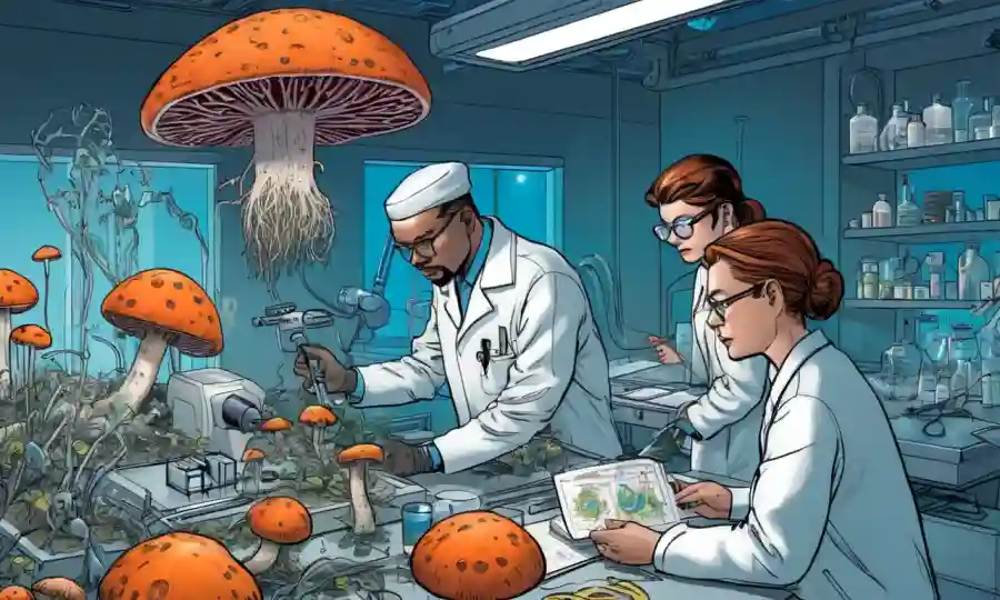 Micólogos que estudian muestras de hongos en laboratorios con equipos y diagramas futuristas.